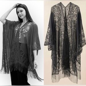 New Shawl Solid Black Tassel Embroidered Sheer Kimono Festival Beach Cover Up